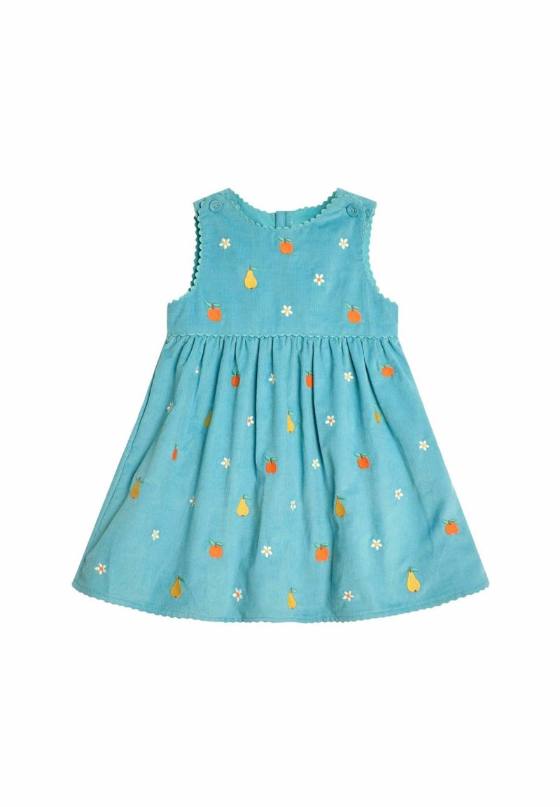 Türkises Baumwollkleid mit gestickten Früchten und Blumen, gewelltem Ausschnitt, ärmellosem Design und gerafftem Rockdetail.