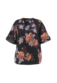 Blusa nera a fiori con maniche corte, caratterizzata da grandi motivi floreali arancioni e viola, scollatura a V e tessuto leggero e liscio.