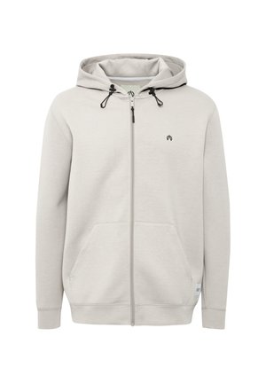 Hellgraue Reißverschluss-Hoodie aus weichem Stoff, mit einer Kapuze zum Ziehen, zwei Vordertaschen und einem kleinen Logo auf der Brust.