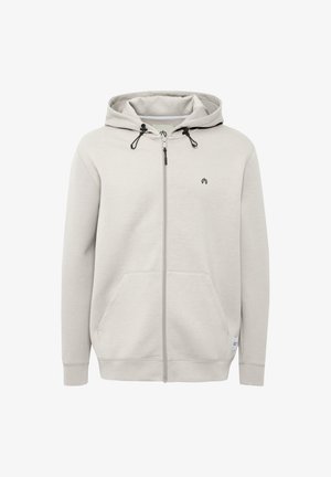 Hellgraue Reißverschluss-Hoodie aus weichem Stoff, mit einer Kapuze zum Ziehen, zwei Vordertaschen und einem kleinen Logo auf der Brust.