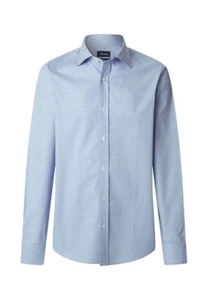 Camisa a cuadros azul claro con mangas largas, cuello abotonado y botones en el frente. Tejido de algodón suave con un corte clásico a medida.