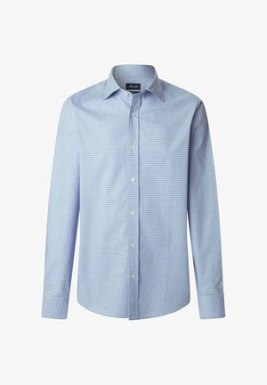 Chemise à carreaux bleu clair à manches longues, col boutonné et boutons à l'avant. Tissu en coton lisse avec une coupe classique ajustée.
