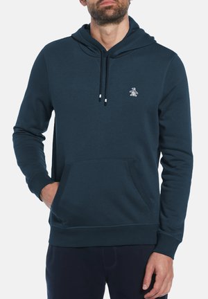 Marineblauer Hoodie aus Baumwollmischung, mit Kängurutasche, gerippten Bündchen, verstellbarem Kordelzug an der Kapuze und einem kleinen gestickten Logo.