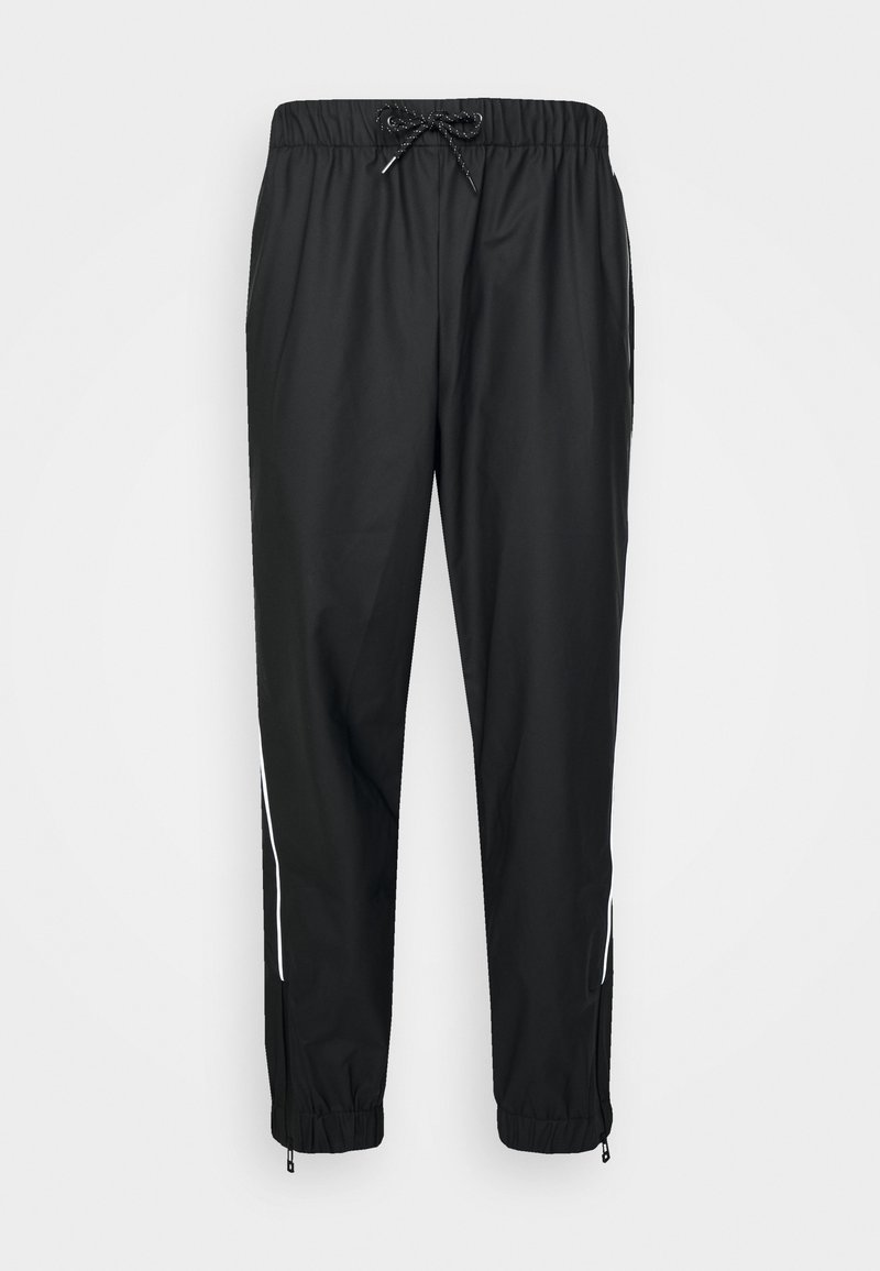 Black athletic pants made of lightweight fabric, featuring a drawstring waist, zippered side pockets, and elastic cuffs with white accents.