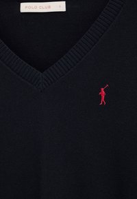 Marineblauwe V-hals trui met geribbelde kraag, een rood geborduurd polospelerlogo op de borst, en een wit maatlabel met de tekst "POLO CLUB S".
