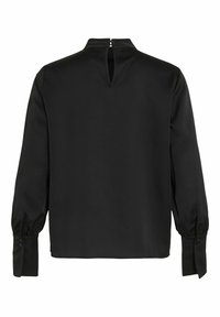 Schwarze Bluse mit langen Ärmeln aus glattem Stoff, mit hohem Kragen und Rückenschließung. Rund genähte Manschetten mit Knopfdetails. Einfaches und zurückhaltendes Design.