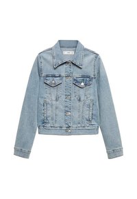 Lyseblå denimjakke med cropped design, to brystlommer, knaplukning og klassisk krave.