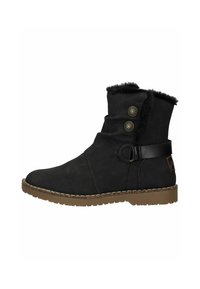 Botas de tobillo de ante negro con un puño esponjoso, dos botones de latón en el lateral y una suela de goma marrón con detalle de costura.