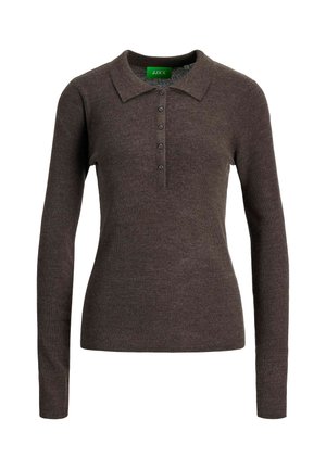 Dunkelbraunes langärmliges Strick-Polohemd mit einer Sechs-Knopf-Leiste und einem kleinen Kragen, vor einem weißen Hintergrund gezeigt.