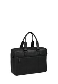 Sac à ordinateur portable en cuir noir, avec doubles poignées, fermeture éclair, poche avant et texture lisse. Forme rectangulaire avec un design minimaliste.