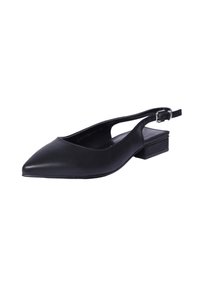 Scarpa slingback in pelle nera con punta affusolata, tacco quadrato basso e una sottile cinghia alla caviglia con fibbia argentata. Texture liscia.