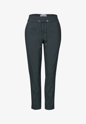 Tmavě zelené, zúžené kalhoty s elastickým pasem, nastavovatelnou šňůrkou a hladkou texturou látky. Žádné další kapsy ani vzory.