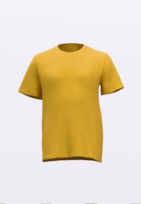 Rövid ujjú, sárga pamutpóló, kerek nyakkivágással és sima textúrával, látható minták vagy díszítések nélkül.