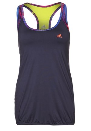 Navy blue Adidas racerback tank top with neon yellow inner lining and multicolored patterned trim on shoulder straps.