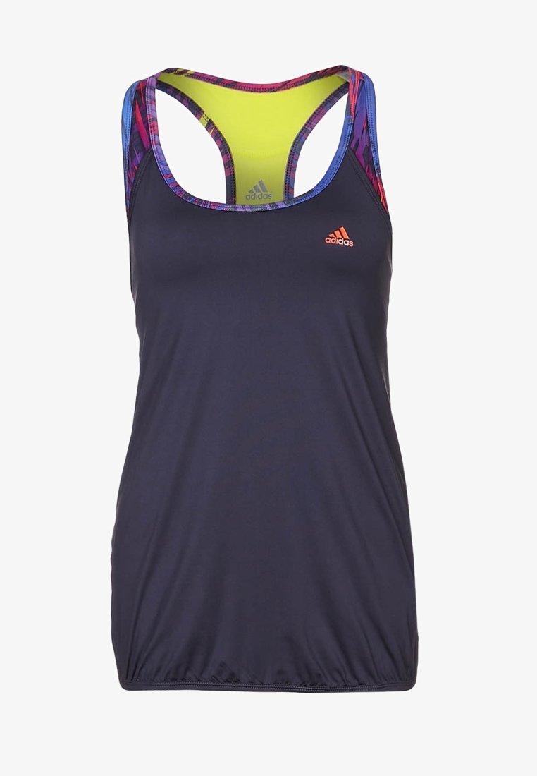 Débardeur Adidas bleu marine à dos nageur avec doublure intérieure jaune néon et bordure à motifs multicolores sur les bretelles.