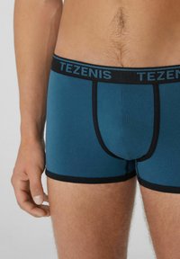 Bóxer para hombre de Tezenis en color verde azulado, con una cinturilla negra con logo, ajuste ceñido, textura suave y detalles de costura en contraste.