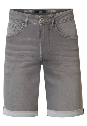 Grijze denim shorts met een slim fit, opgerolde zoom en een vijf-pocket ontwerp. Beschikt over een merkband en een metalen knoopsluiting.