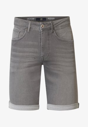 Shorts en denim gris avec une coupe slim, un ourlet retroussé et un design à cinq poches. Comprend une taille avec marque et une fermeture à bouton en métal.