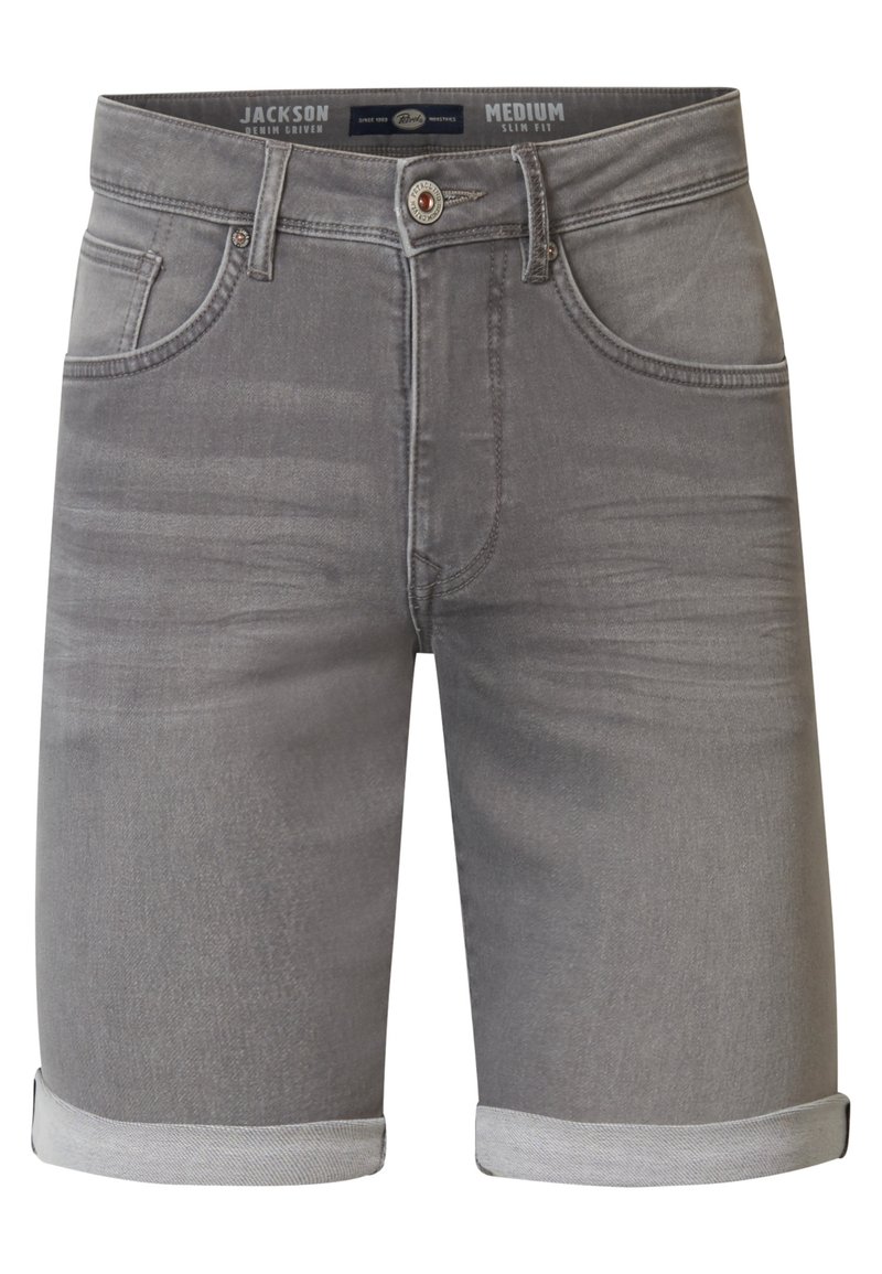 Shorts en denim gris avec une coupe slim, un ourlet retroussé et un design à cinq poches. Comprend une taille avec marque et une fermeture à bouton en métal.