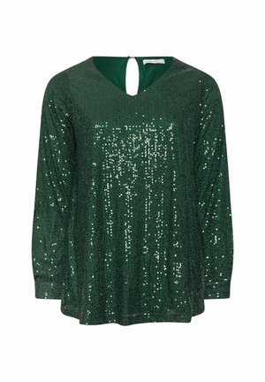 Green sequined top featuring a V-neck and long sleeves, with a keyhole back detail. The fabric has a smooth texture and shines.