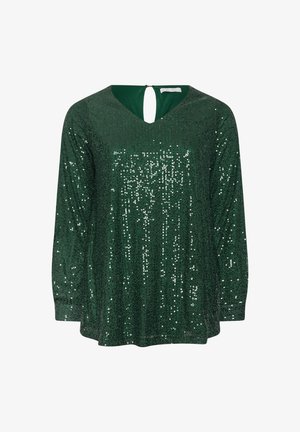 Green sequined top featuring a V-neck and long sleeves, with a keyhole back detail. The fabric has a smooth texture and shines.