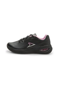 Black athletic shoe with a textured upper, pink accents, perforations for breathability, and a cushioned sole featuring a visible air unit.