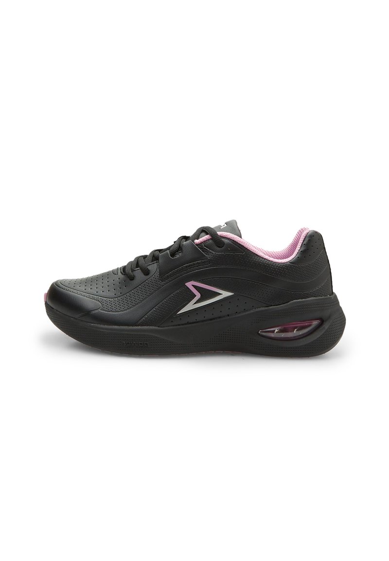 Black athletic shoe with a textured upper, pink accents, perforations for breathability, and a cushioned sole featuring a visible air unit.