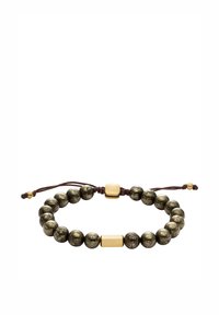 Bronzene Perlenarmband mit einem braunen Band. Verfügt über einen rechteckigen goldenen Akzent und ein kleines Logo-Tag. Verstellbare Größe mit einer Schiebeknotenschließe.