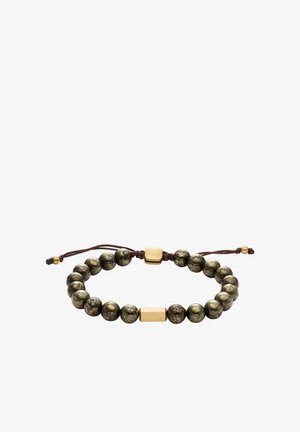 Bracelet en perles de cuivre avec un cordon marron. Comprend un accent doré rectangulaire et une petite étiquette avec logo. Taille ajustable avec fermeture à nœud coulissant.