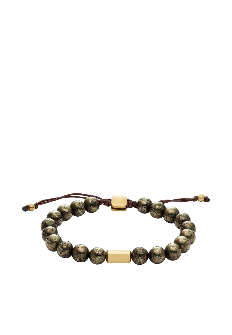 Bronzene Perlenarmband mit einem braunen Band. Verfügt über einen rechteckigen goldenen Akzent und ein kleines Logo-Tag. Verstellbare Größe mit einer Schiebeknotenschließe.
