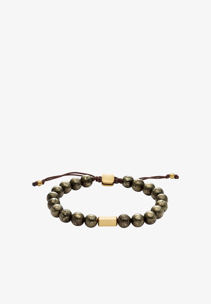 Bronzene Perlenarmband mit einem braunen Band. Verfügt über einen rechteckigen goldenen Akzent und ein kleines Logo-Tag. Verstellbare Größe mit einer Schiebeknotenschließe.