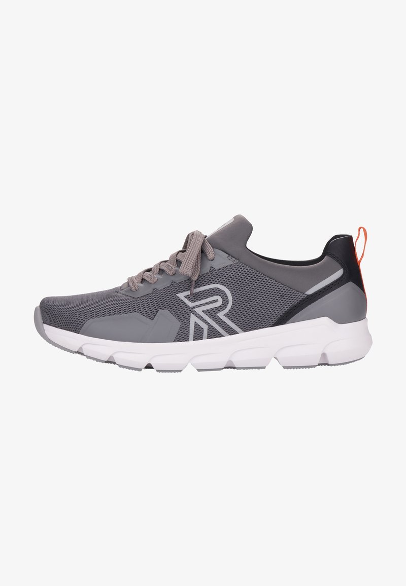 Gray athletic shoe with a mesh upper, rubber sole, round toe, and decorative accents. Features a contrasting orange pull tab at the heel.