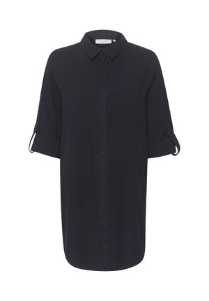 Svart skjortekjole med knapper, oppbrettede ermer, en brystlomme foran og klassisk krage.