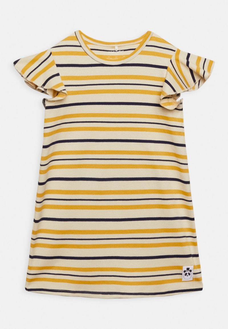 Robe à manches courtes rayée en jaune, crème et marine. Comprend des manches volantes et un petit logo à l'ourlet. Matière en coton, coupe décontractée.