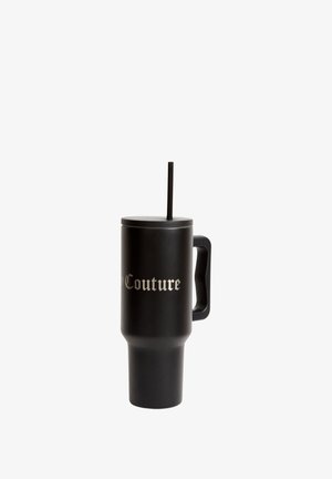 Black insulated tumbler with ergonomic handle, lid, and straw. Features gold text; cylindrical shape with a slightly tapered bottom.