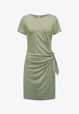 Green short-sleeve dress made of soft fabric featuring a side knot detail, gently draped texture, and a classic crew neckline.