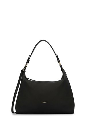 Schwarze Leder-Schultertasche mit glatter Textur, leichtem Hang und kurzem Griff. Verfügt über goldfarbene Hardware und ein Logo auf der Vorderseite.