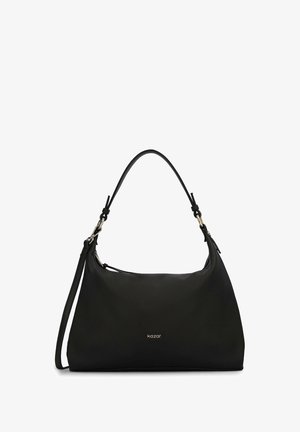Schwarze Leder-Schultertasche mit glatter Textur, leichtem Hang und kurzem Griff. Verfügt über goldfarbene Hardware und ein Logo auf der Vorderseite.