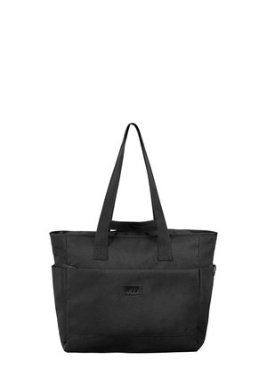 Black tote bag made of durable fabric, featuring dual top handles, a front pocket, and a logo patch. Rectangular shape with a smooth texture.