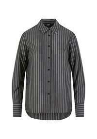 Zwart-wit gestreepte shirt met een knoopsluiting aan de voorkant, kraag en lange mouwen. Heeft een gebogen zoom en zwarte knopen.