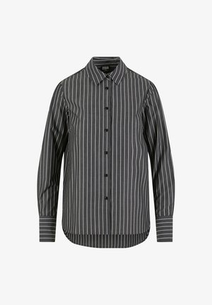 Chemise à rayures noires et blanches avec un devant à boutons, un col et des manches longues. Comprend un ourlet arrondi et des boutons noirs.