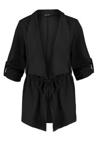 Chaqueta negra ligera estilo kimono con frente abierto, mangas enrolladas y cintura con cordón. Tejido suave sin patrones visibles.