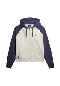 Felpa con cappuccio zip e corpo crema, maniche raglan viola. Presenta un cappuccio, tasche frontali e il logo "Superdry" sopra la zip. Materiale morbido.
