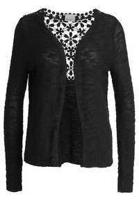 Black open-front cardigan with long sleeves and floral crochet detail on the upper chest and neckline.