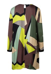 Tunique à manches longues en tissu léger, présentant un motif géométrique abstrait en vert, marron, jaune et beige. Comprend une fermeture à bouton au dos.