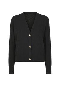 Cardigan nero lavorato a maglia con scollatura a V, maniche lunghe, caratterizzato da cinque bottoni color oro e un motivo testurizzato. Materiale morbido, vestibilità corta.