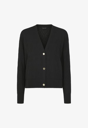 Zwarte gebreide cardigan met een V-hals, lange mouwen, voorzien van vijf gouden knopen en een gestructureerd patroon. Zacht materiaal, cropped fit.