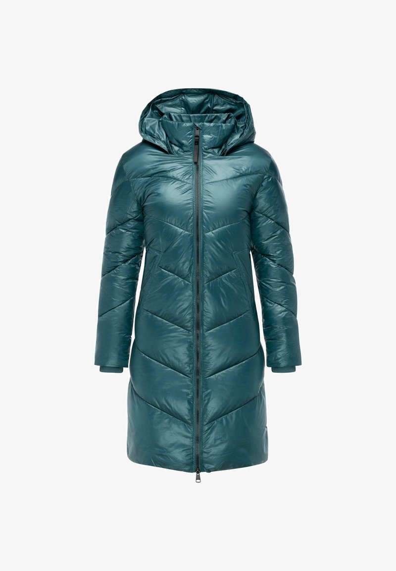Podložena teal jakna z bleščečo površino, kapuco, zadrgo spredaj in chevron prešitjem. Ima ribane manšete in stranske žepke.