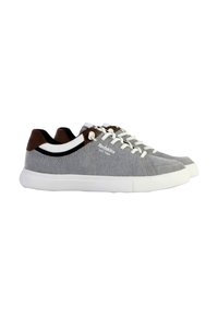 Sneakers in canvas grigio con suola in gomma bianca, dettagli marroni sul tallone e sulla linguetta, e lacci bianchi. Presentano il testo del logo sul lato.