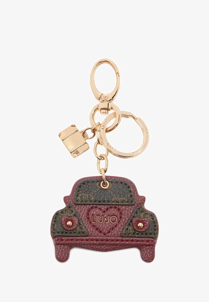 Portachiavi in pelle a forma di auto, con un design bordeaux e grigio scuro, hardware dorato e logo "LIU JO" impresso.